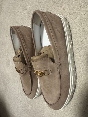 Versace Taupe Suede Slip-On Loafers with Gold Medallion